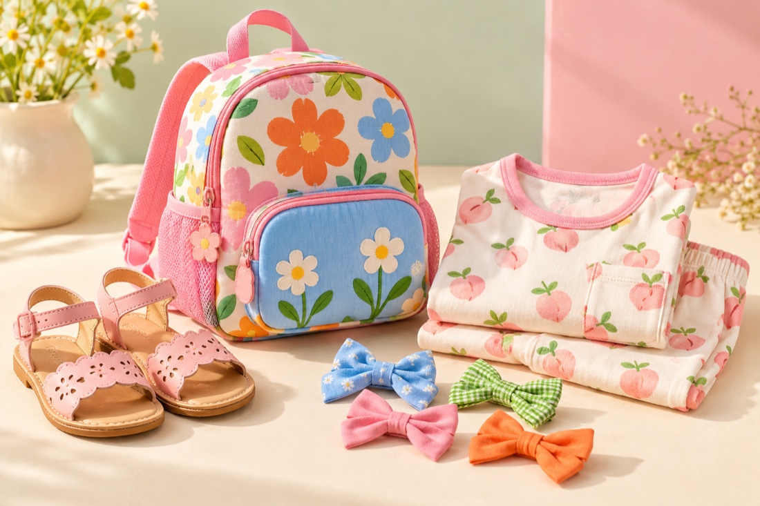 A children’s backpack, pajamas, sandals and hair bows