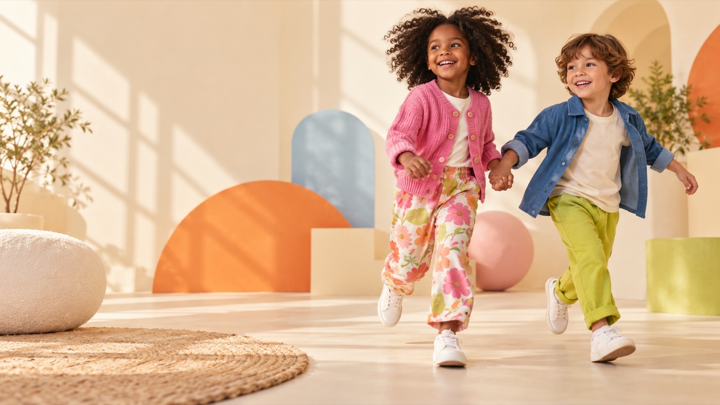 Two children in colorful everyday outfits, ready for a little adventure