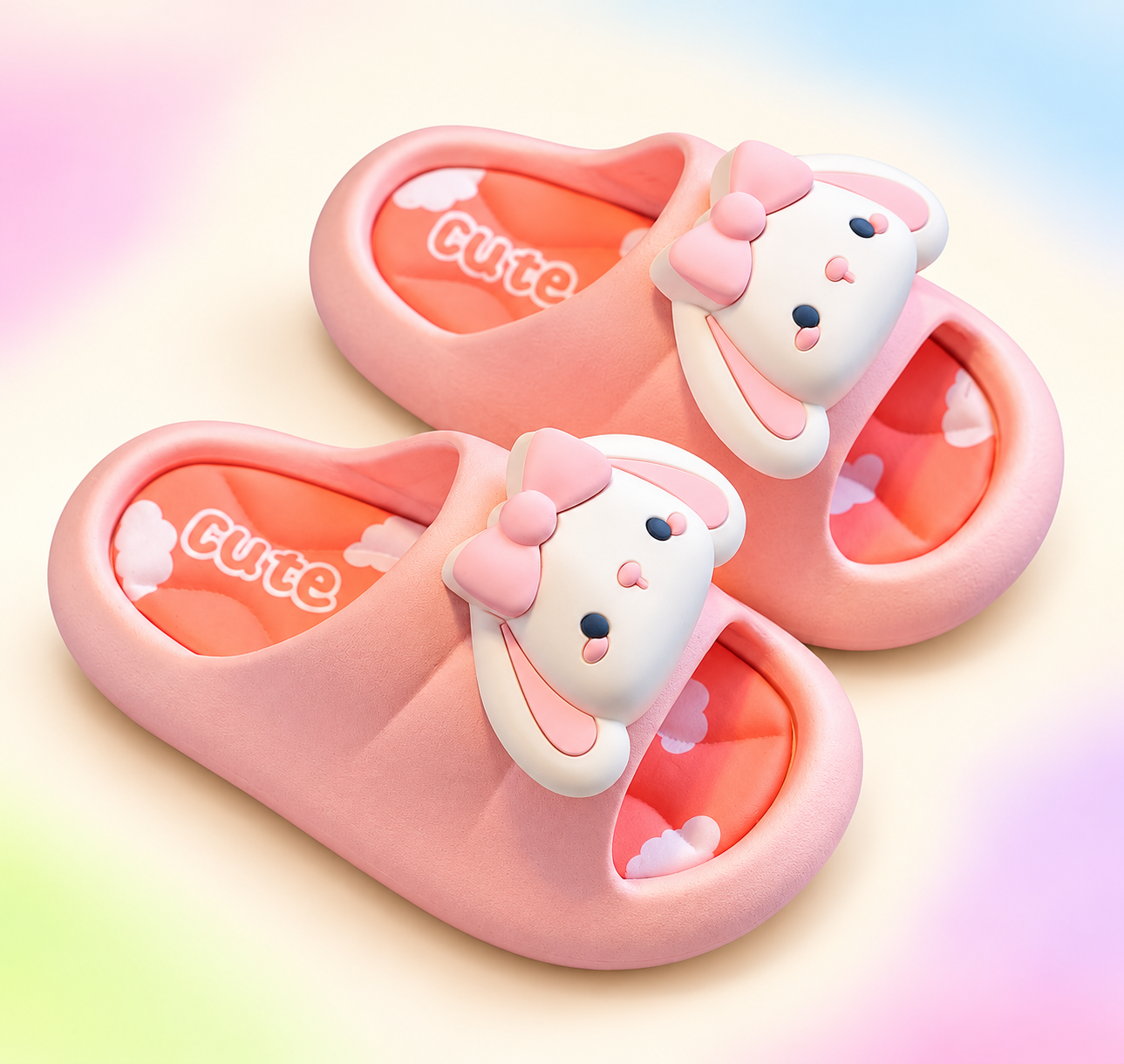 Peach bunny face slippers on a branded studio background