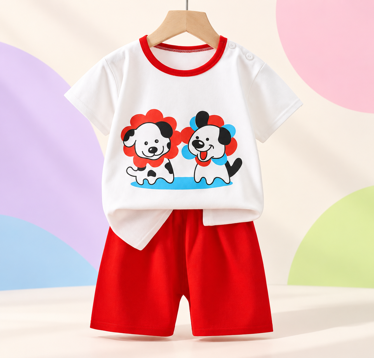 Toddler Graphic Two-Piece Set in Puppies (White & Red)