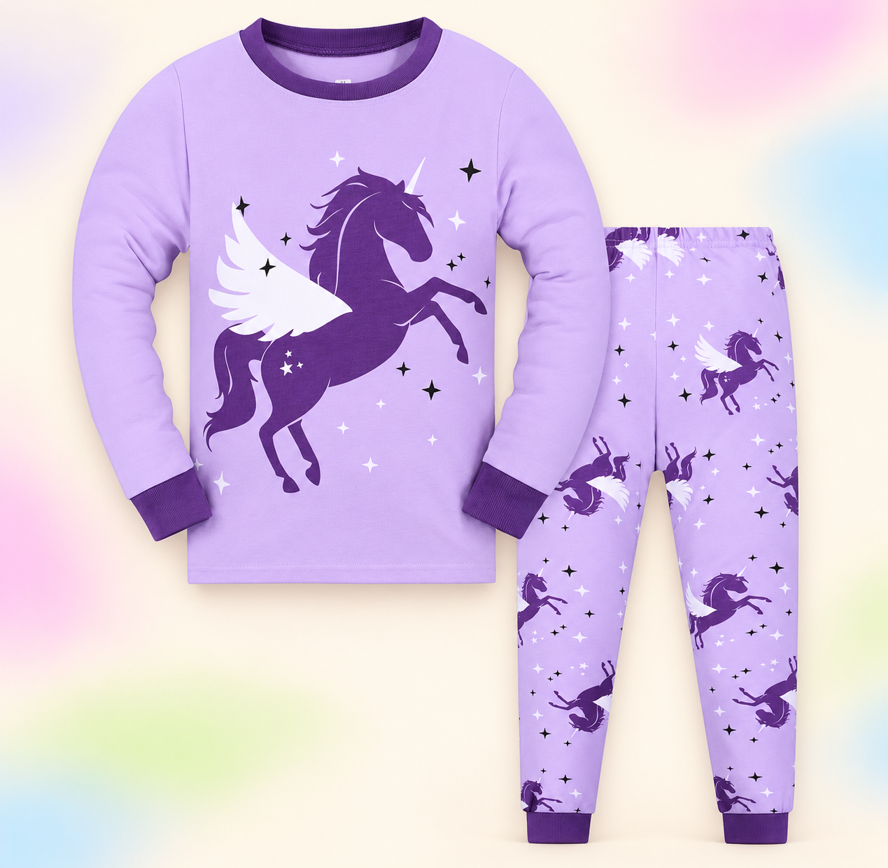 Lilac pajama set on a soft pastel branded studio background.